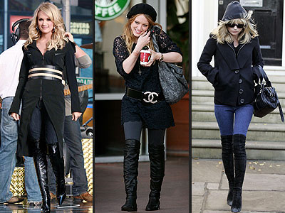 Керри Андервуд (Carrie Underwood), Хиллари Дафф (Hilary Duff) и Кейт Мосс (Kate Moss) носят узкие джинсы с высокими сапогами